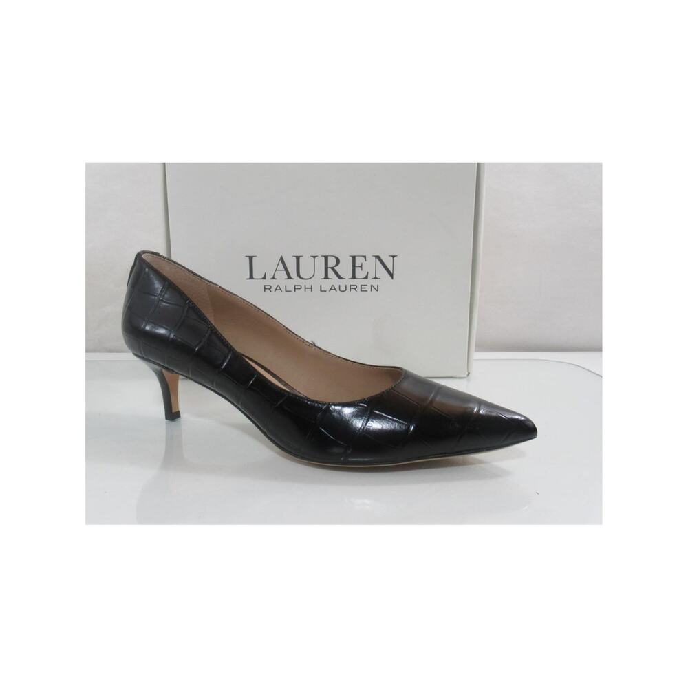 Ralph Lauren Size 8 Adrienne Kitten Pump Pointy Toe Black Crocodile Embossed